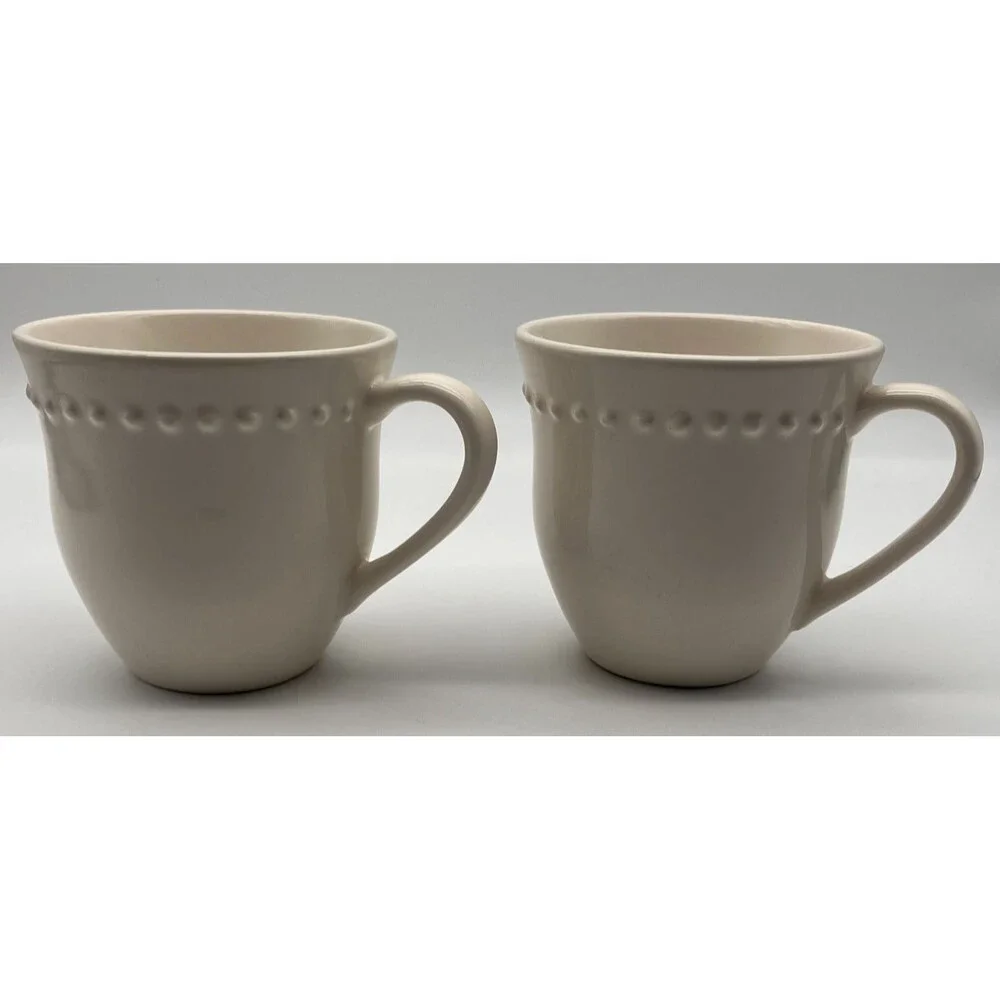 Pottery Barn Emma Stoneware Mugs Cups Coffee Tea White Set of 2